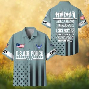 Custom US Air Force Proudly Served Veteran Hawaiian Shirt Light Blue Military Gift