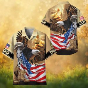 Custom US Veteran Saluting Soldier Eagle & Flag Patriotic Hawaiian Shirt