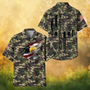 Custom Veteran Eagle Torn American Flag Green Camo Military Hawaiian Shirt