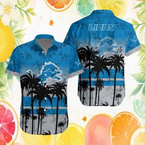 Detroit Lions Blue Grunge Palm Tree Silhouette Hawaiian Shirt Detroit Lions Blue Grunge Palm Tree Silhouette Hawaiian Shirt