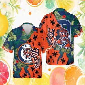 Detroit Tigers MLB Tropical Jungle Palm Tree Orange & Navy Hawaiian Shirt