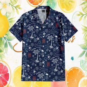 Detroit Tigers Navy Blue Floral Hawaiian Shirt