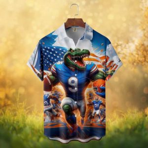 Florida Gators Gator Mascot American Flag Football Action Hawaiian Shirt