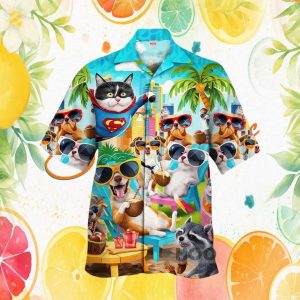 Funny Superhero Cat and Dogs Beach Party Vacation Hawaiian Shirt