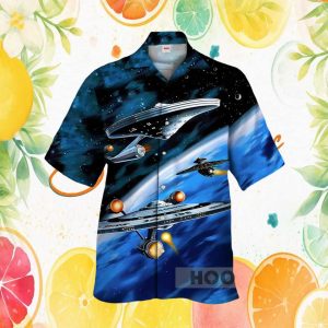 Galactic Spacecraft Fleet Warp Speed Blue Nebula Starship Hawaiian Shirt