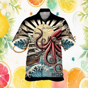 Giant Kraken Octopus vs Sailing Ship Japanese Wave Art Hawaiian Shirt