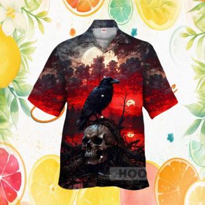 Gothic Crow Perched on Skull Blood Moon Sunset Fantasy Graphic Hawaiian Shirt