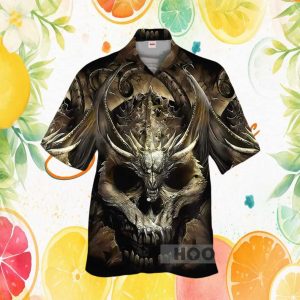 Gothic Dragon Skull Fantasy Armor Graphic Button Down Hawaiian Shirt