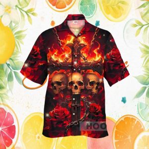 Gothic Flaming Cross and Skulls with Red Roses Dark Art Graphic Hawaiian Shirt