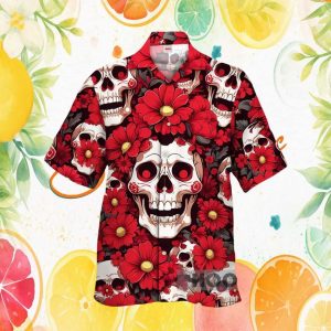 Gothic Red Floral Rose and Skull Pattern Hawaiian Shirt