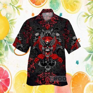 Gothic Red and Black Skull Owl & Roses Graphic Hawaiian Shirt