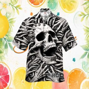Gothic Screaming Skull Grasping Hands Monochrome Graphic Hawaiian Shirt