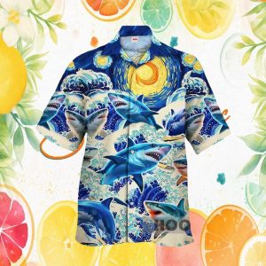 Great White Shark Starry Night Van Gogh Style Ocean Wave Hawaiian Shirt