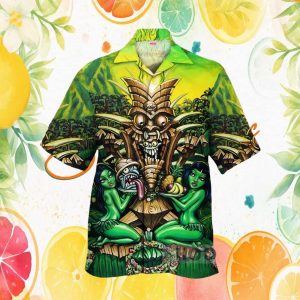 Green Tiki God Totem & Jungle Hula Girls Hawaiian Shirt