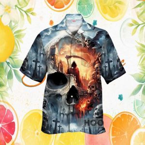 Grim Reaper Cemetery Skull and Gothic Castle Horror Button Down Hawaiian Shirt