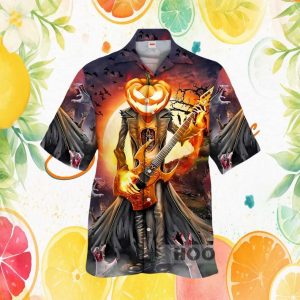 Halloween Jack O Lantern Rocker Guitarist Pumpkin Head Graphic Hawaiian Shirt
