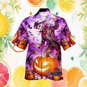 Halloween Jack O Lantern & Skeleton Dandy Purple Hawaiian Shirt