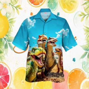 Happy Dinosaurs Selfie Party Tropical Hawaiian Shirt