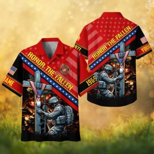 Honor The Fallen USMC Marines Memorial Cross Red Stripe Custom Hawaiian Shirt