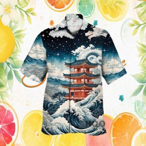 Japanese Pagoda & Great Wave Zen Dragon Summer Hawaiian Shirt