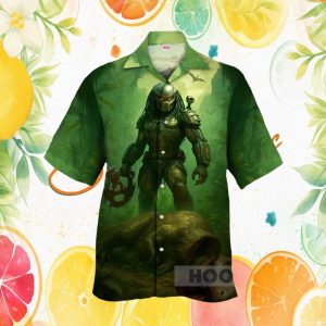 Jungle Predator Alien Hunter vs Dinosaur Graphic Hawaiian Shirt