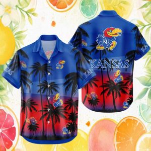 Kansas Jayhawks NCAA Tropical Sunset Palm Tree Blue Hawaiian Shirt