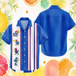 Kansas Jayhawks Royal Blue Vertical Stripe Tropical Fan Hawaiian Shirt