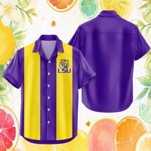 LSU Tigers NCAA Purple and Gold Striped Tropical Button Down Hawaiian Shirt