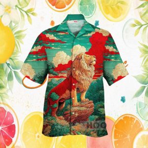 Majestic Lion King of the Jungle Red Clouds Art Hawaiian Shirt