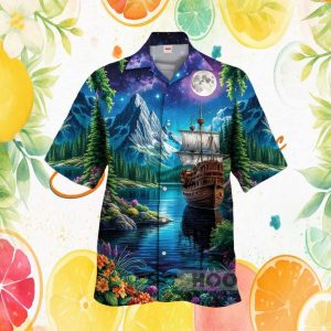 Majestic Moonlit Galleon & Starry Mountain Lake Scenic Hawaiian Shirt