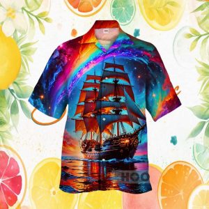 Majestic Tall Ship Sailing Through Cosmic Rainbow Nebula Hawaiian Shirt