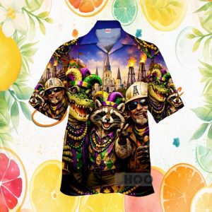 Mardi Gras Party Crew Hawaiian Shirt Alligator & Raccoon Festival Print