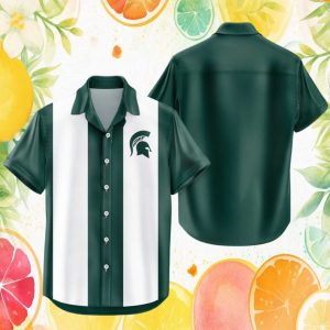 Michigan State Spartans NCAA Hunter Green White Striped Bowling Hawaiian Shirt
