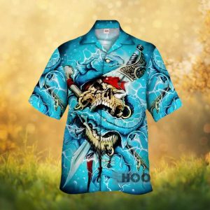 Nautical Pirate Skull & Blue Sea Serpent Graphic Hawaiian Shirt