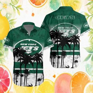 New York Jets Distressed Palm Tree Green & White Hawaiian Shirt New York Jets Distressed Palm Tree Green & White Hawaiian Shirt