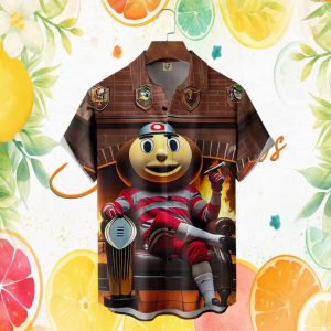 Ohio State Buckeyes Brutus Buckeye Sitting by Fireplace Graphic Hawaiian Shirt