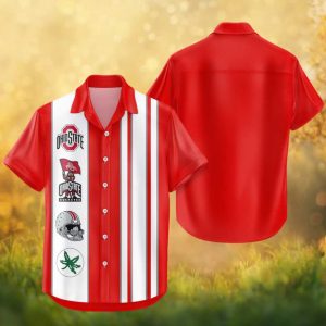 Ohio State Buckeyes NCAA Red and White Multi Logo Striped Bowling Hawaiian Shirt