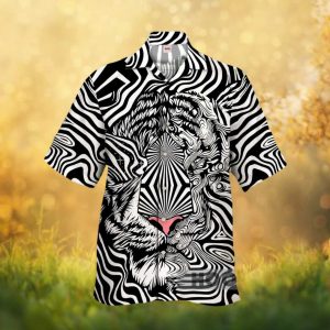 Optical Illusion Abstract Tiger Face Black & White Hawaiian Shirt