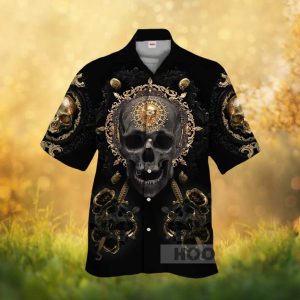 Ornate Gold & Black Baroque Skull Luxury Graphic Hawaiian Shirt