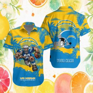 Personalized LA Chargers Hawaiian Shirt Team Character & Helmet Graphics Personalized LA Chargers Hawaiian Shirt Team Character & Helmet Graphics