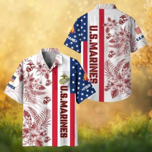 Personalized U.S. Marines EGA Floral Red & White Hawaiian Shirt