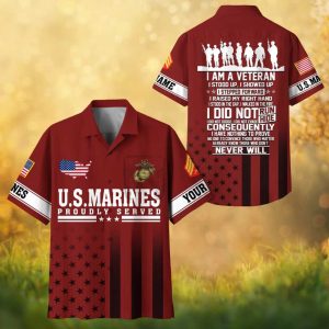 Personalized U.S. Marines Veteran Proudly Served Red Patriotic Hawaiian Shirt