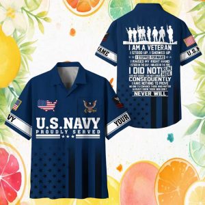 Personalized US Navy Proudly Served Veteran Hawaiian Shirt Navy Blue Military Apparel