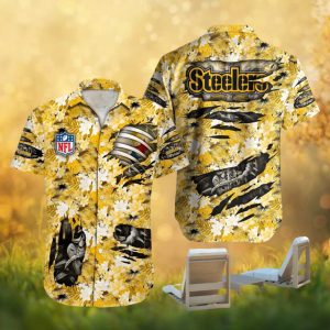 Pittsburgh S Hawaiian Shirtlers NFL Tropical Hibiscus Ripped Design Hawaiian Shirt