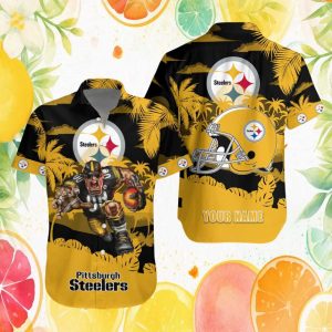 Pittsburgh Steelers Custom Name Mascot Helmet Hawaiian Shirt Pittsburgh Steelers Custom Name Mascot Helmet Hawaiian Shirt