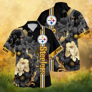 Pittsburgh Steelers NFL Custom Name Black Floral Peony Hawaiian Shirt Pittsburgh Steelers NFL Custom Name Black Floral Peony Hawaiian Shirt