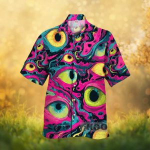 Psychedelic Trippy Eye Pattern Neon Surrealist Art Button Down Hawaiian Shirt