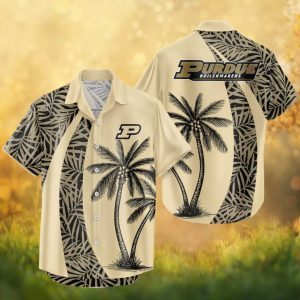 Purdue Boilermakers NCAA Tan & Black Tropical Palm Leaf Hawaiian Shirt