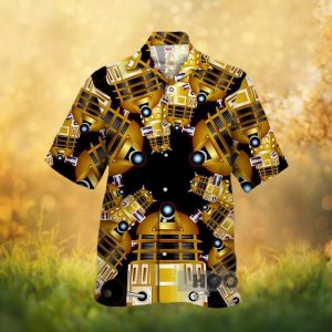 Retro Gold Robot Dalek Sci Fi Pattern Button Down Hawaiian Shirt
