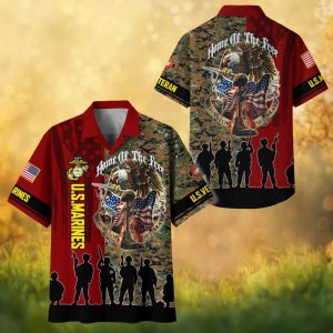 U.S. Marines Veteran Patriotic Eagle Home Of The Free Camo Hawaiian Shirt.jfif